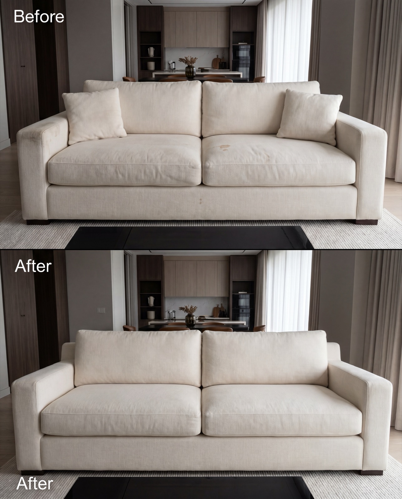 Sofa before and after detailed care