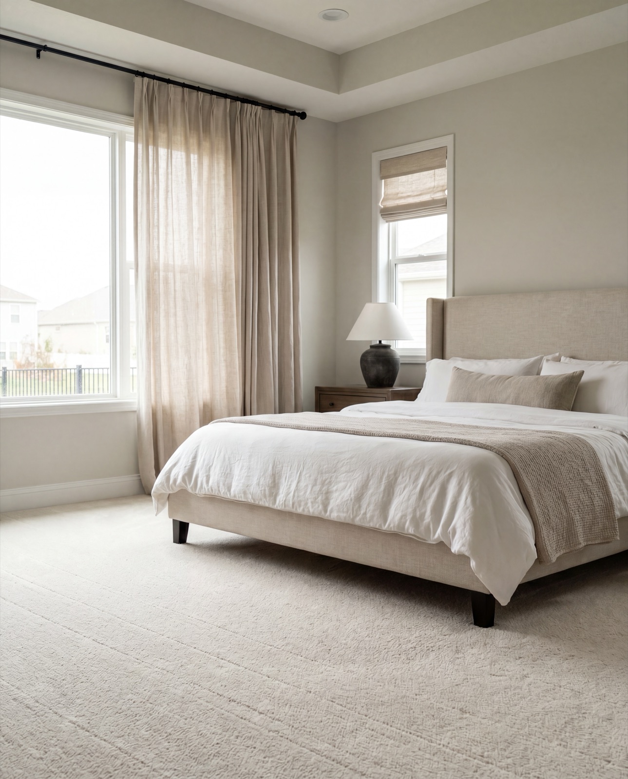 Bright bedroom with a fresh, clean mattress and carpet