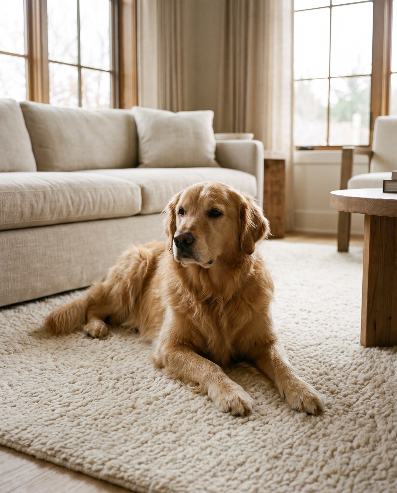 A dog resting on a clean living-room carpet
